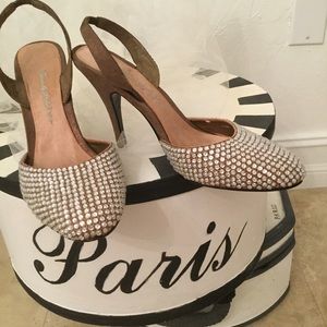 BEVERLY FELDMAN SLING-BACK HEELS BRONZE w/CRYSTALS